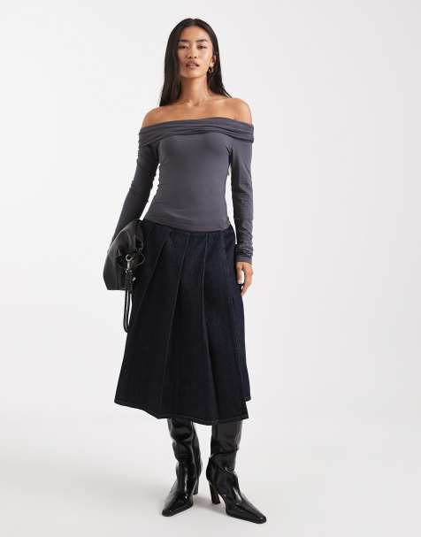 ASOS DESIGN pleated midi denim skirt in indigo - view 1