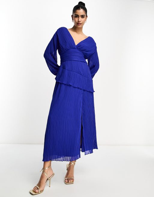 ASOS DESIGN pleated midi dress with a belt in cobalt blue | ASOS