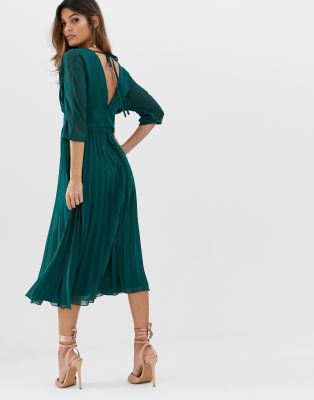 asos design pleated midi dress with batwing sleeves
