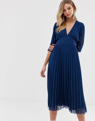 asos design pleated midi dress with batwing sleeves