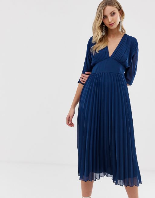 Asos Design Pleated Midi Dress With Batwing Sleeves Asos 6294