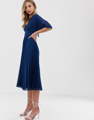 asos design pleated midi dress with batwing sleeves