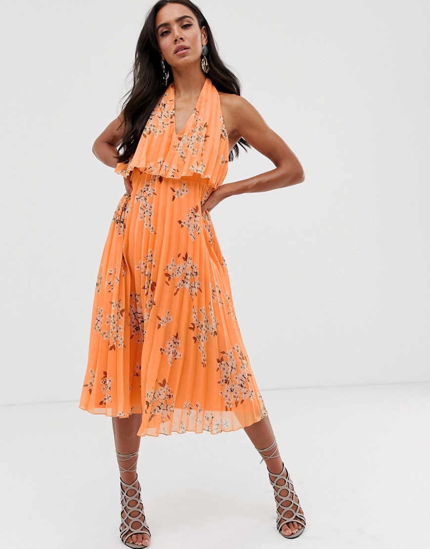 ASOS DESIGN pleated midi dress with double layer bodice and v neck in orange floral print-Multi