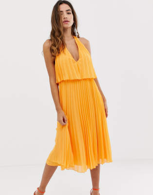 v neck pleated midi dress