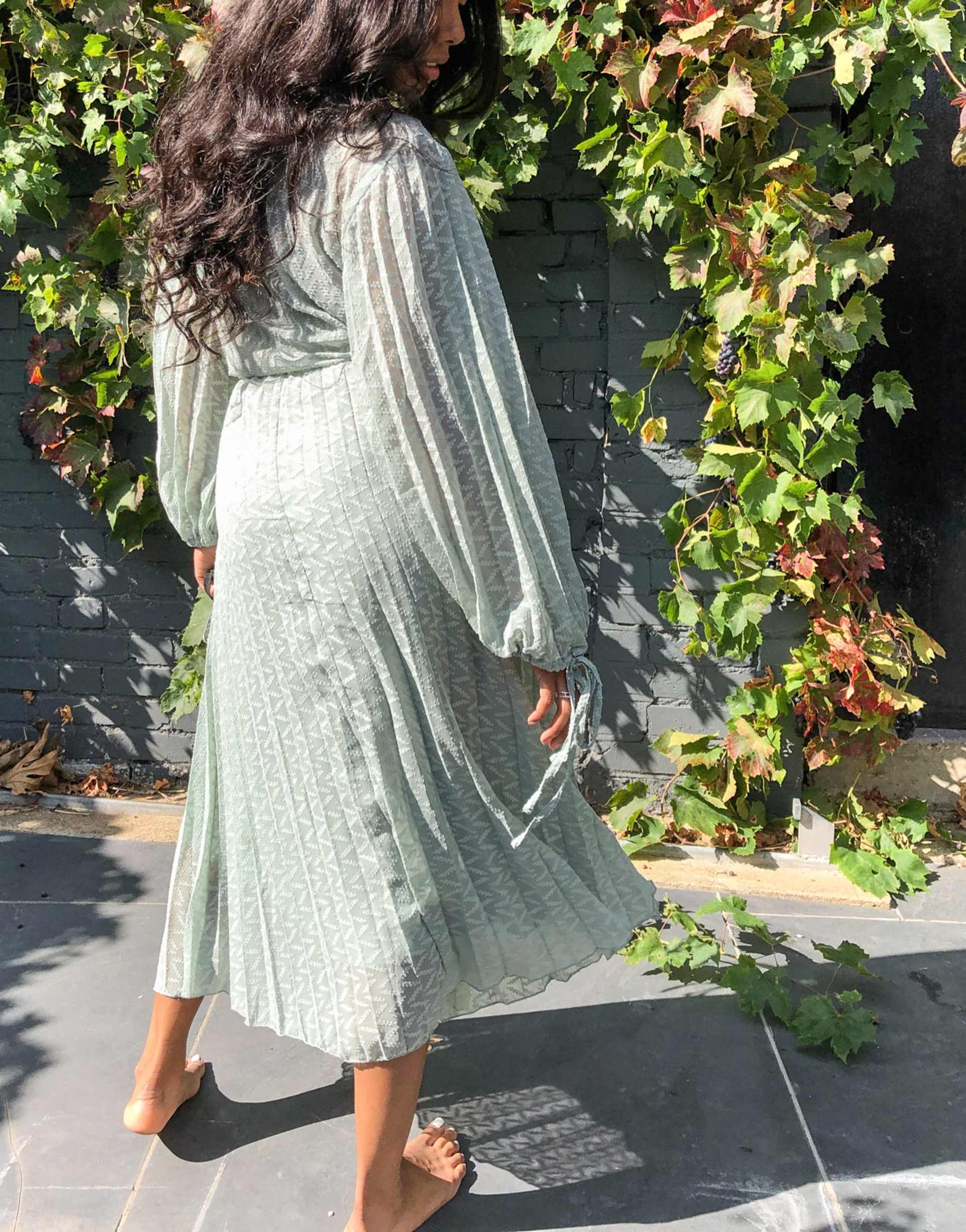 asos design pleated midi dress with drawstring waist and balloon sleeves in chevron dobby in sage green