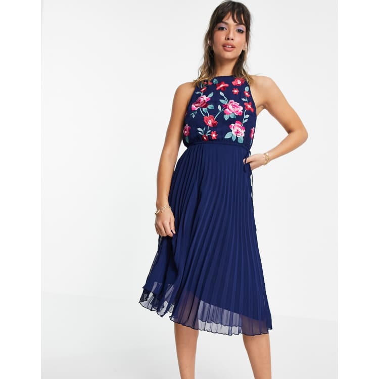 asos navy pleated dress