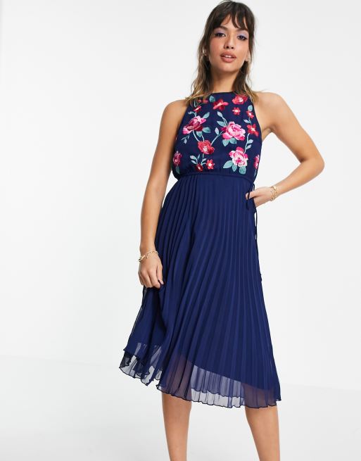 ASOS DESIGN Maternity embroidered pleated midi dress in blue