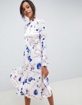 asos design pleated midi dress with fluted long sleeve in floral print