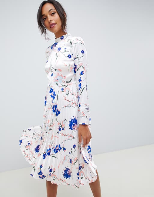 Asos design pleated midi dress with cheap fluted long sleeve in floral print