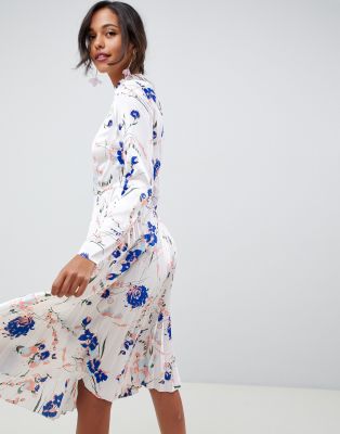 asos design pleated midi dress with fluted long sleeve in floral print