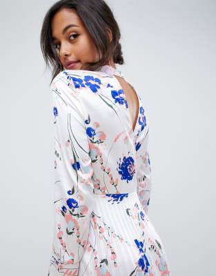 asos design pleated midi dress with fluted long sleeve in floral print