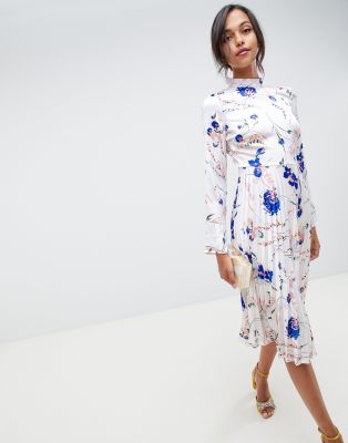 asos design pleated midi dress with fluted sleeve in floral print