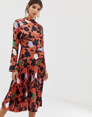 asos design pleated midi dress with fluted sleeve in floral print