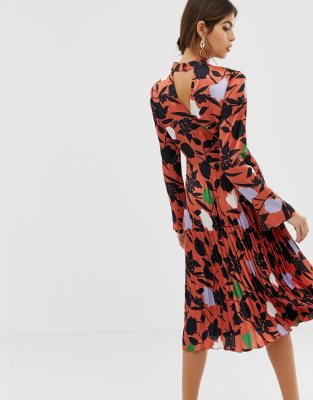 asos design pleated midi dress with fluted long sleeve in floral print