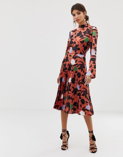 Asos design pleated midi dress with 2025 fluted long sleeve in floral print