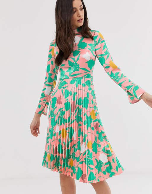 Asos design pleated midi dress with 2025 fluted long sleeve in floral print