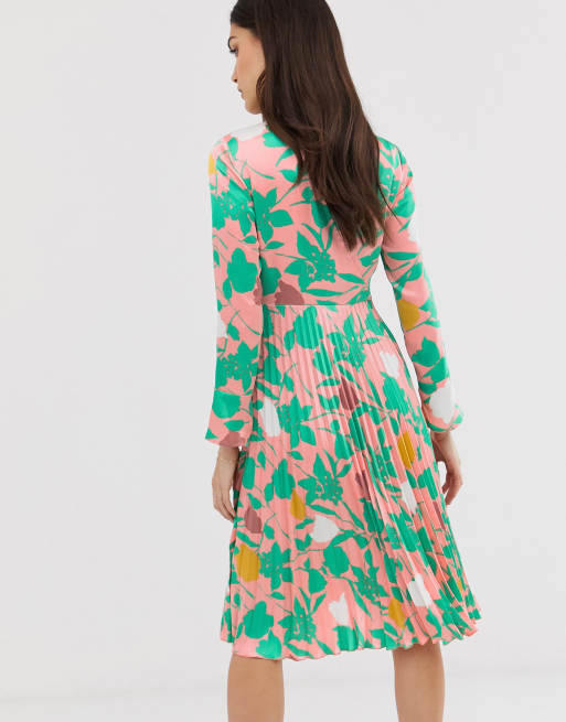 ASOS DESIGN pleated midi dress with fluted sleeve in floral print