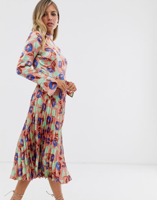 Asos design pleated midi dress with cheap fluted long sleeve in floral print