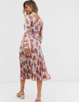 asos design pleated midi dress with fluted long sleeve in floral print