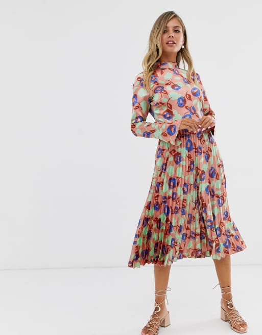 ASOS DESIGN pleated midi dress with fluted sleeve in floral print