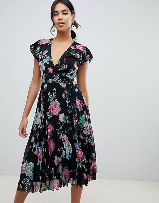 ASOS DESIGN pleated midi dress with flutter sleeve in floral print | ASOS