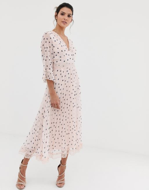 ASOS DESIGN pleated midi dress with lace inserts in polka dot