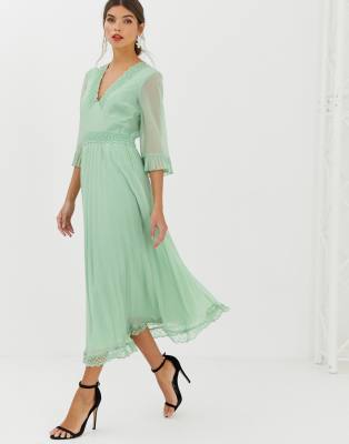 asos design pleated midi dress with lace inserts