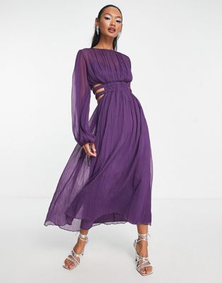 ASOS DESIGN pleated midi dress with ruched waist detail in purple