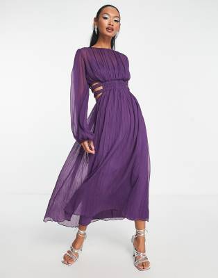 ASOS DESIGN pleated midi dress with ruched waist detail in purple