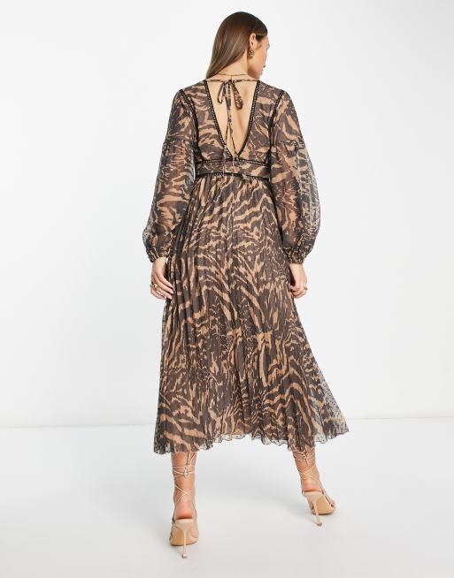 ASOS DESIGN pleated midi dress with trims in animal print | ASOS