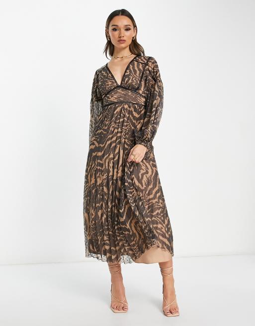 ASOS DESIGN pleated midi dress with trims in animal print | ASOS