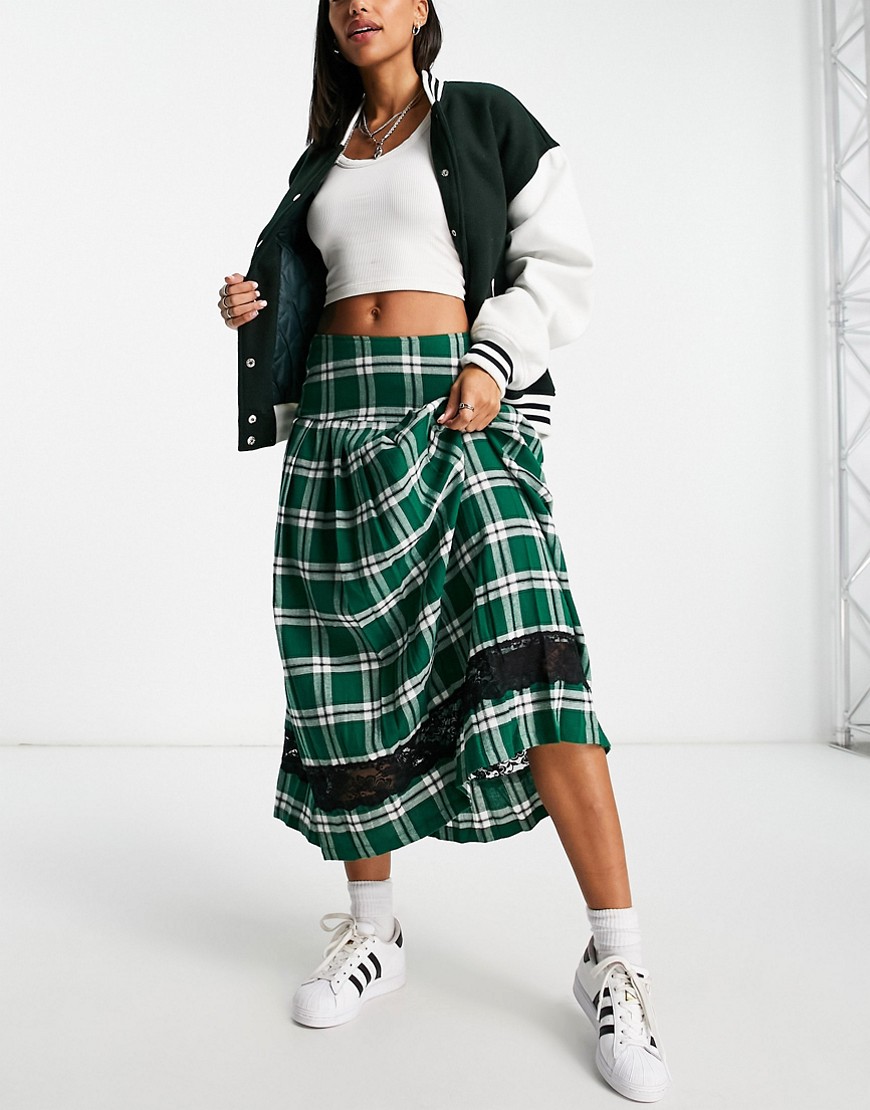 ASOS DESIGN pleated midi kilt skirt with lace insert in green check