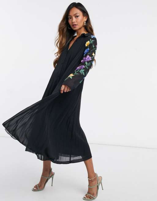 ASOS DESIGN pleated midi shirt dress with embroidered sleeves in black ...