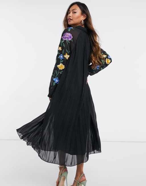 ASOS DESIGN pleated midi shirt dress with embroidered sleeves in black |  ASOS