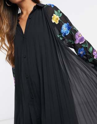 asos design embroidered pleated midi dress with fluted sleeve ASOS DESIGN Lace Insert Pleated Midi Dress With Embroidery In Navy main image 1