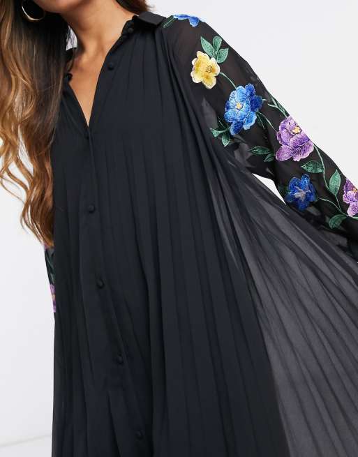ASOS DESIGN pleated midi shirt dress with embroidered sleeves in black |  ASOS