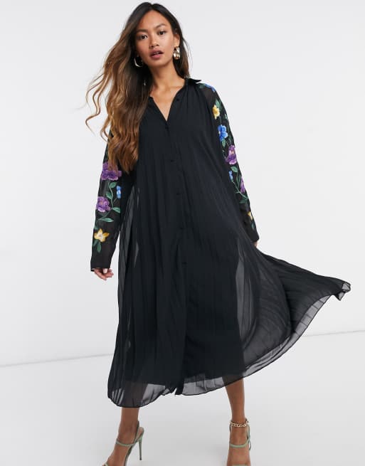 ASOS DESIGN pleated midi shirt dress with embroidered sleeves in black ASOS