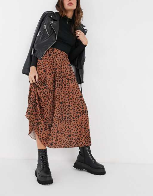 ASOS DESIGN pleated midi skirt in tan and black animal print