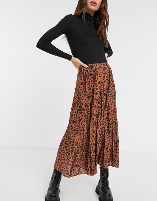 ASOS DESIGN pleated midi skirt in tan and black spot print | ASOS