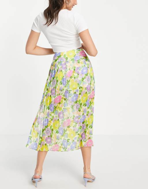 ASOS DESIGN pleated midi skirt with deep waistband in bright floral print , 2 of 4