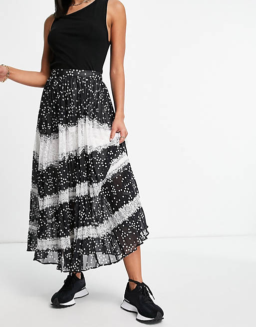 ASOS DESIGN pleated midi skirt with lace detail in mono spot