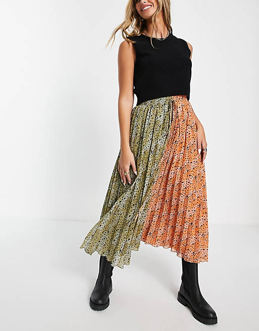 Women pleated midi skirt with shirred waistband in spliced print 