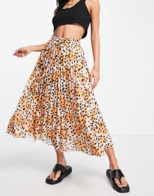 ASOS DESIGN pleated midi skirt with shirred wasitband in orange abstract animal print