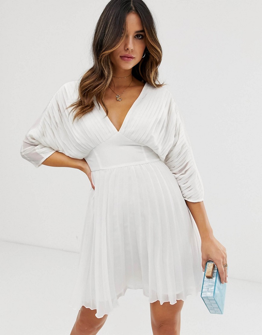 ASOS DESIGN pleated mini dress with batwing sleeves-White
