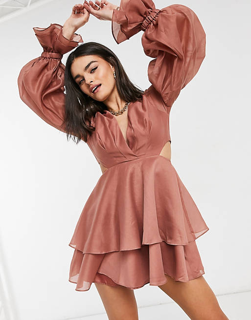  pleated mini dress with blouson sleeve and cuff detail in rose 