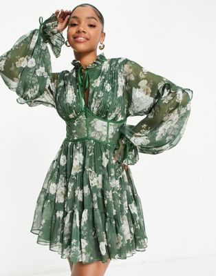 ASOS DESIGN pleated mini dress with corset waist detail in green floral