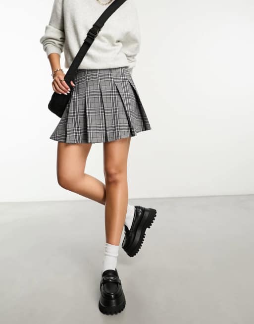 ASOS DESIGN pleated mini kilt skirt with buckle in grey check