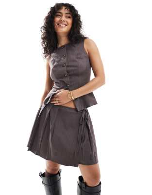 Asos Design Pleated Mini Skirt In Brown Pinstripe