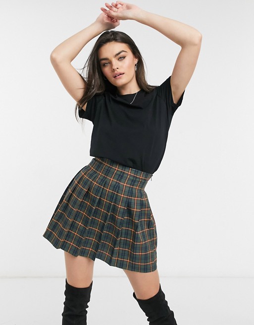 ASOS DESIGN pleated mini skirt in green and navy check print