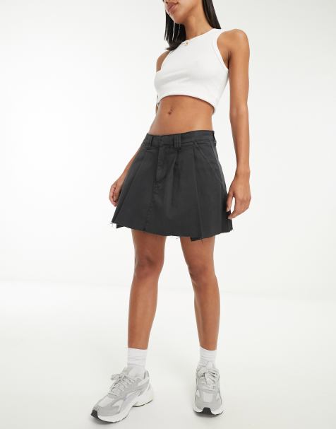 Pull&Bear pleated tailored micro mini skirt in dark gray